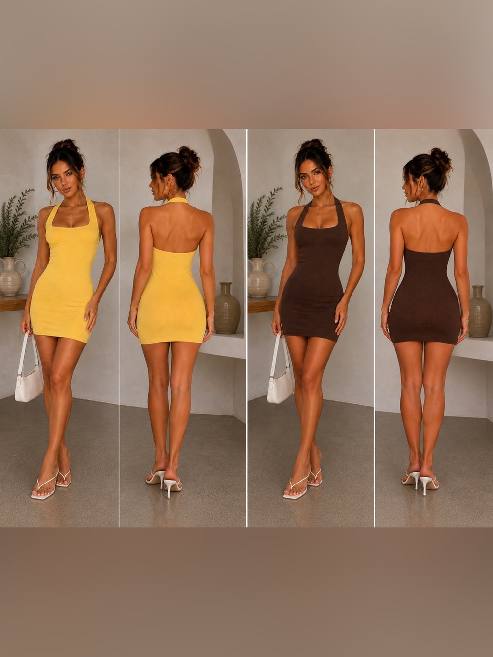 SHEIN 2-Pack Ribbed Halter Bodycon Mini Dresses – Yellow & Brown